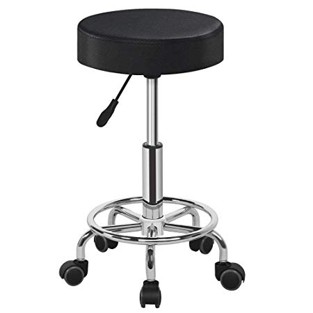 Yaheetech Rolling Stool Swivel Salon Stool Chair Adjustable Drafting Stool Massage Spa Stool with PU Leather Cushioned Seat Chrome Metal Base,Black