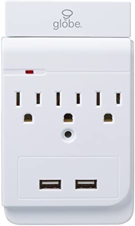 Globe Electric 78081 3-Outlet Charging Station Surge Protector Wall Tap, 2X USB Ports, Phone Holder, White Finish