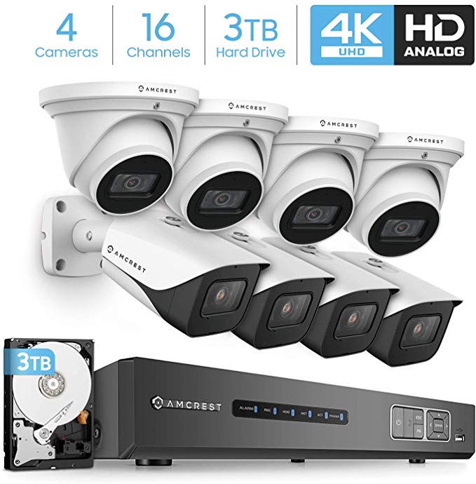 Amcrest 4K Security Camera System 16CH 8MP Video DVR with 8X 4K 8MP Indoor Outdoor Weatherproof IP67 Bullet & Dome Cameras, 2.8mm Lens, Pre-Installed 3TB HDD, for Home Business (AMDV8M16-4B4D-W-3TB)