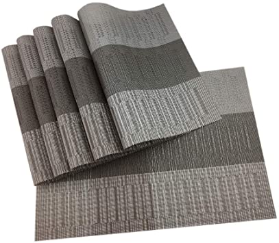 Gugrida Exquisite Woven Vinyl Placemats for Dining Table Heat Resistant PVC Bamboo Style Table Mats (6, Ombre Black Gray)