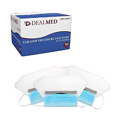 Dealmed Procedure Face Masks with Ear Loops and Eye Shield, Disposable, Blue, 50 count