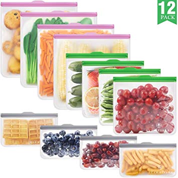 GLAMFIELDS Reusable food Storage Bags - 12 Pack Leakproof Freezer BPA FREE Bag(4 Reusable Gallon Bags   4 Reusable Sandwich Bags   4 Reusable Snack Bags) with exclusive easy tabs