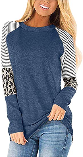 BUILT CLEAR Women's Soft Long Sleeve T Shirt Leopard Fashion Tunic Tops Stripe Color Block Round Neck Sweatshirt