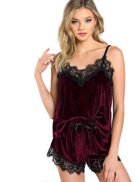 DIDK Women's Lace Trim Velvet Bralette Shorts Pajama Set