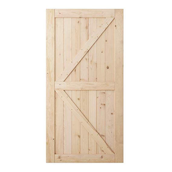 SmartStandard 42in x 84in Sliding Barn Wood Door Pre-Drilled Ready to Assemble, DIY Unfinished Solid Hemlock Wood Panelled Slab, Interior Single Door, Natural, K-Frame (Fit 8FT Rail)