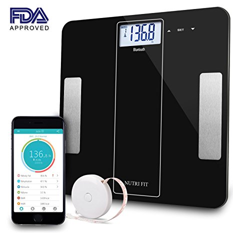 Bluetooth Body Fat Scale-FDA Approved-Smart BMI Scale Digital Bathroom Weight Scale with Body Tape Measure,Body Composition Monitor for Body Fat, weight,Muscle Mass, Bone Mass,BMR,Water by NUTRI FIT
