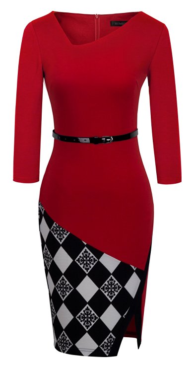 HOMEYEE Women's Elegant Patchwork Sheath Sleeveless Business Dress B290