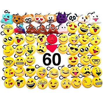 O'Hill 60 Pack Emoji Plush Pillows Mini Keychain Decorations for Birthday Party, Home Decoration, Wall Decor and Party Favor
