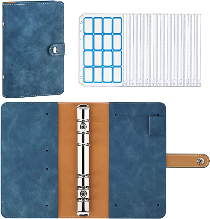 MoKo Budget Binder with Zipper Envelopes,A6 Binder Notebook,6-Ring Loose-Leaf PU Leather Binder Cover Folder Budget Planner with 12-Pack Clear Cash Envelopes Pockets & Label Stickers,Denim Blue