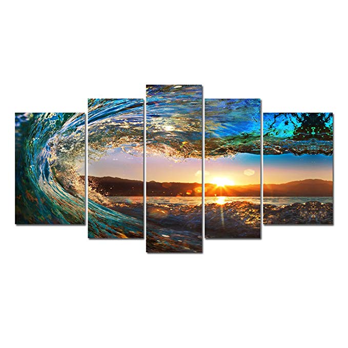 Canvas Wall Art 5 Panel Canvas Pictures Ocean Wave Oil Painting On Canvas Landscape Canvas Art For Bedroom Wall Decor Stretched and Framed Art Ready To Hang 24x52Inch