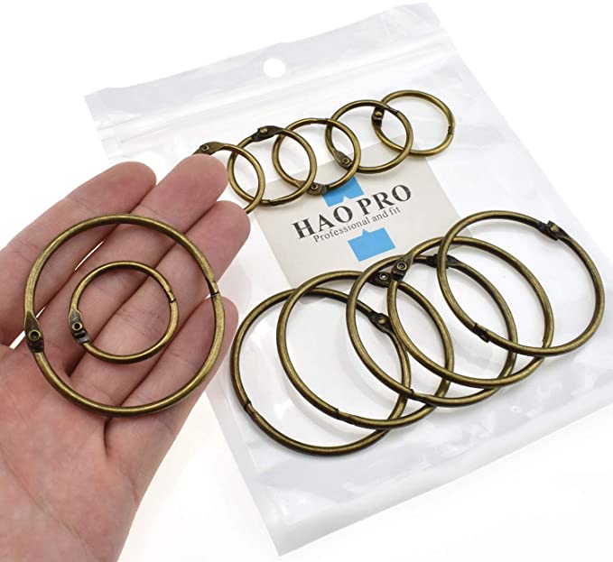 HAO PRO 12 Pack Extra Thick Loose Leaf Binder Rings 2 Size Bronze Metal Ring 1" 2" Inside Width Paper Holder Key Ring Lager Book Rings for Cards Flashcards Curtains Document Stack and Swatches