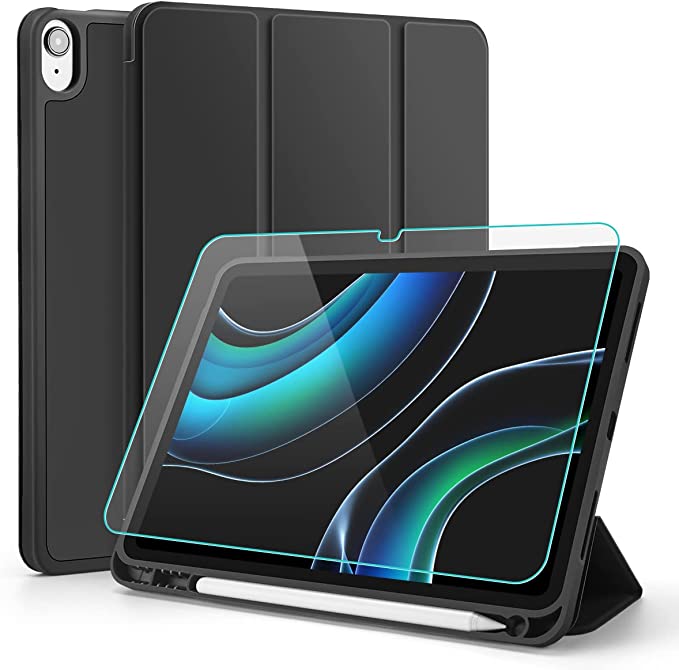 XCSOURCE Case for iPad 10th Generation Case with Pencil Holder & Tempered Glass Screen Protector, Slim Stand Soft Back Shell Smart Cover Case for iPad 2022 10.9 inch, Auto Wake/Sleep, Black