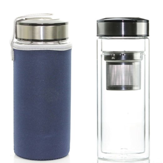 teaTRAVEL Glass Double Walled Tea Mug Cup Thermos w/ Basket - 16oz / 500ml