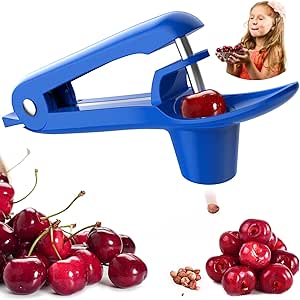 Cherry Pitter - Ordekcity Stainless Steel Cherries Corer Pitter Tool with Hand-held Push Design, Save Time & Space for Making Cherry Jam with Lock Design(Blue)