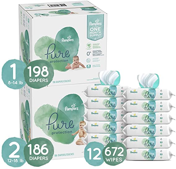 Pampers Baby Diapers and Wipes Starter Kit (2 Month Supply) - Pure Protection Disposable Baby Diapers Sizes 1 (198 Count) & 2 (186 Count), with Aqua Pure Baby Wipes, 12X Pop-Tops, 672 Count