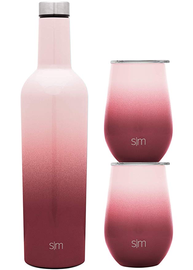 Simple Modern Spirit Wine Bundle - 2 12oz Wine Tumbler Glasses with Lids & 1 Wine Bottle - Vacuum Insulated 18/8 Stainless Steel Ombre: Wildberry