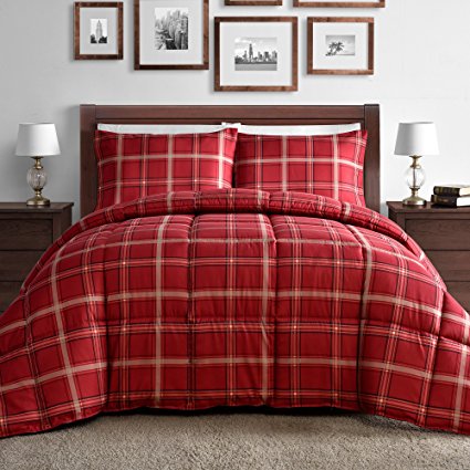 Exclusive King & Queen Home Plaid Down Alternative 3 Piece Comforter Set in Red (King)