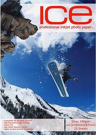 100 x ICE A4 Gloss Inkjet Photo Printing Paper - 180gsm - Professional Premium Photographic Paper