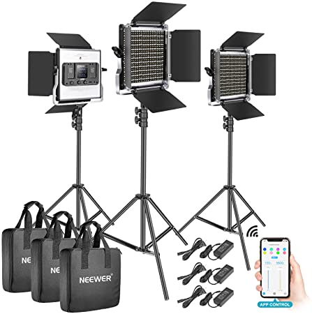 Neewer 3 Packs 528 LED Video Light, Metal Dimmable Bi-Color 3200K-5600K Photography Lighting Kit with APP Intelligent Control System/LCD Screen/and Light Stand for Studio Outdoor Video Lighting