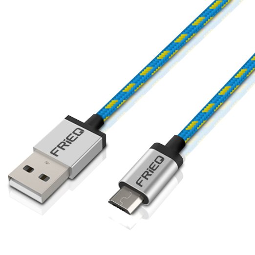 FRiEQ Hi-Speed Extra Long (10 Ft/3m) Nylon Braided Tangle-Free USB 2.0 Micro USB Charging/Sync Cable For Samsung Galaxy S4, S3, Note 2, HTC, Motorola, LG, PS4, Xbox one (Light Blue/Yellow)