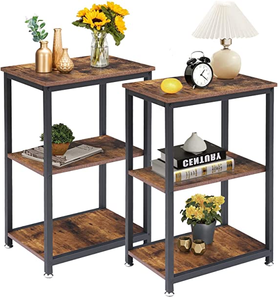 VECELO Tall End Side Tables Set of 2, 30" Height Nightstand with 3-Tier Storage Shelf for Living Room Bedroom Office Hallway Study, 2, Dark Brown/2pcs