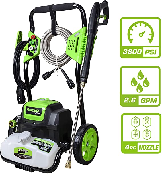 PowRyte Elite Electric Pressure Washer, Electric Power Washer with 4 Interchangeable Spray Tips, Ideal for Washing Garden, House, Farm and So On: 3800PSI 2.6 GPM
