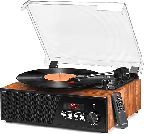 Vinyl Record Player with Speakers Bluetooth Turntable Support FM Radio USB Convert & Playback Remote Control AUX RCA Headphone 3 Speed Belt-Driven Vintage Vinyl Player Auto-Stop