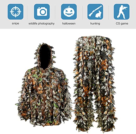 Zicac Outdoor Camo Ghillie Suit 3D Leafy Camouflage Clothing Jungle Woodland Hunting