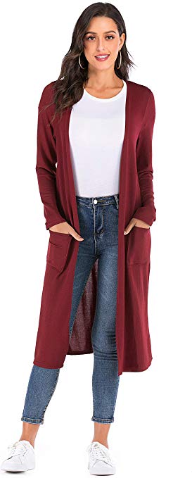 KEEMO Women's Lightweight Fall Casual Long Sleeve Open Front Long Cardigan with Pockets