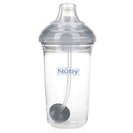 Nuby Tritan No-Spill Trainer Cup with Silicone Spout & 360 Weighted Straw with Hygienic Cover, 6 Months  & 10 Oz, Gray