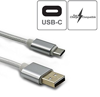 USB C Cable | 6ft Sturdy Braided Cable | Rapid Charge 2.4 Amps | Fast Speed 480Mbps | 56k Ohm Pull-Up Resistor | Silver Cable | Android Nexus Pixel Samsung LG HTC Huawei Oppo Motorola Macbook
