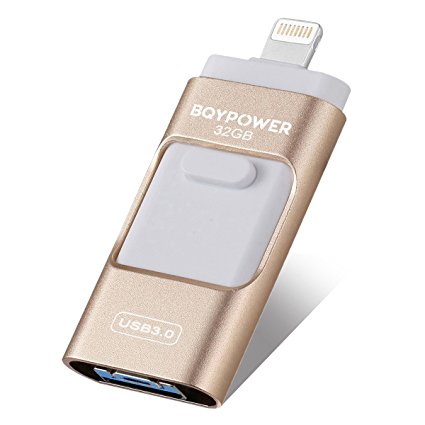 iOS USB Flash Drives for iphone 32GB [3-in-1] Lightning OTG Jump Drive, BQYPOWER External Micro USB Memory Storage Pen Drive, Encrypted Flash Memory Stick for iPhone, iPad, Android and PC (Gold)