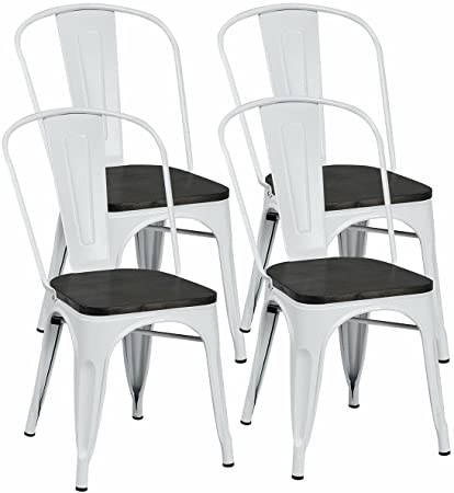 COSTWAY Tolix Style Dining Chairs Industrial Metal Stackable Cafe Side Chair w/Wood Seat Set of 4 (White and Brown)