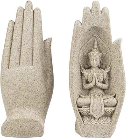 MyGift Resin Zen Buddha Hand Sculpture with 2 Artistic Peaceful Buddha Statues Poses in Palms, 1 Pair