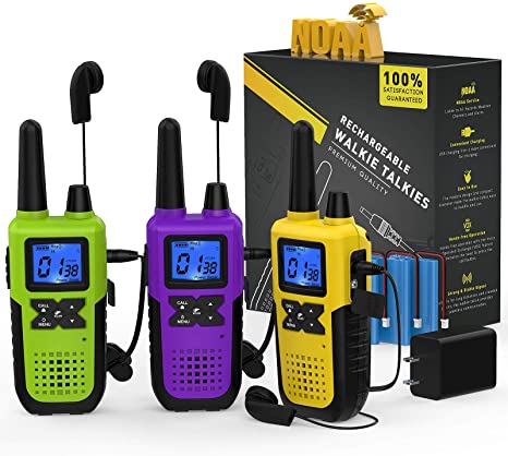 3 Long Distance Walkie Talkies Long Range for Adults - Rechargeable 2 Way Radios Walkie Talkies Long Range 3 Pack Work Walkie Talkies with Earpiece and Mic Set USB Cable Charger NOAA Weather Radio