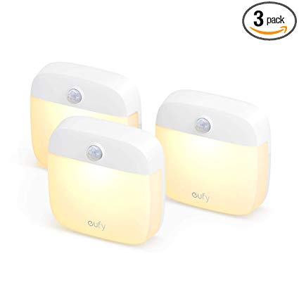 eufy Lumi Stick-On Night Light, 2nd Generation Warm White LED, Motion Sensor, Bedroom, Bathroom, Kitchen, Hallway, Stairs, Energy Efficient, Compact, 3-Pack.