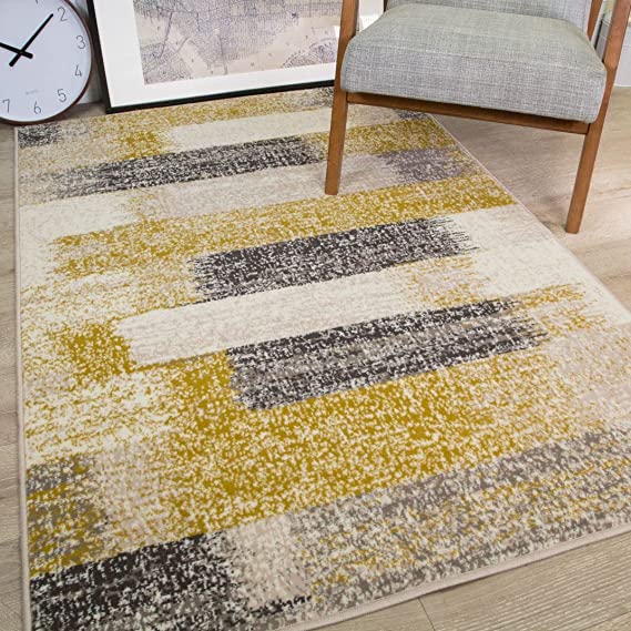 Milan Mottled Faded Distressed Ikat Stripe Design Ochre Yellow Mustard Grey Beige Cream Rug