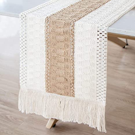OurWarm Macrame Table Runners Natural Burlap Table Runner, Splicing Cotton Boho Table Runner with Tassels for Bohemian Wedding Bridal Shower Rustic Home Farmhouse Dining Table Decor, 12 x 72 Inch