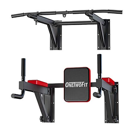 ONETWOFIT Multifunctional Wall Mounted Pull Up Bar Power Tower Set Chin Up Station Home Gym Workout Strength Training Equipment Fitness Dip Stand Supports to 330 Lbs OT076