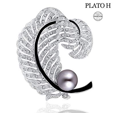 PLATO H Crystal Jewelry Feather Scarf Pins Love Cultured Pearl & Feather Brooch with Swarovski Crystal Greatest Brooch Gifts for Her