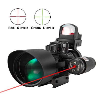 Pinty Premium 3-in-1 combo 3-10x40EG Mil Dot Rangefinder Tactical Riflescope Reticle with Laser Sight and Red Dot Sight Perfect for Hunting