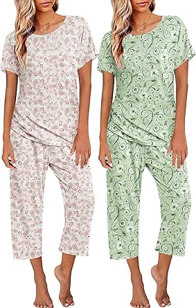 Ekouaer 2 Pack: Womens Pajamas Short Sleeve Sleepwear Tops and Capri Pants Pjs Print Pajama Sets