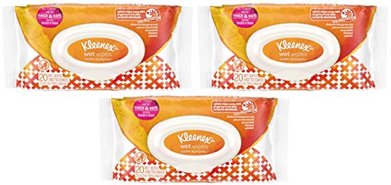 Kleenex Wet Wipes - Germ Removal - Thick & Soft - 20 Count Wet Wipes Per Package - Pack of 3 Packages