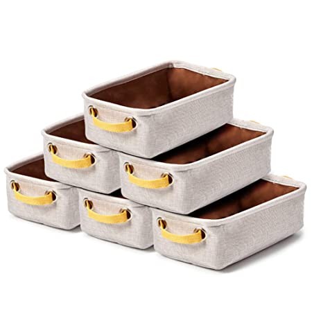 EZOWare Small Storage Bins Baskets, Pack of 6 Foldable Drawer Dresser Desktop Organizer Cubes Set with Handles for Nursery Kids Bathroom Home and Office - 12 x 7 x 4 inch - Light Gray