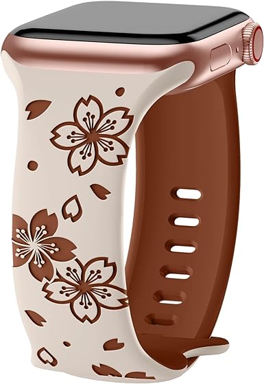 TreasureMax Designer Floral Engraved Band Compatible with Apple Watch Bands 40mm 38mm 41mm 42/45/49mm,Two-Tone Flower Soft Silicone Sport Strap for iWatch Series 9 Ultra SE 8 7 6 5 4 3 2 1 Girl Brown