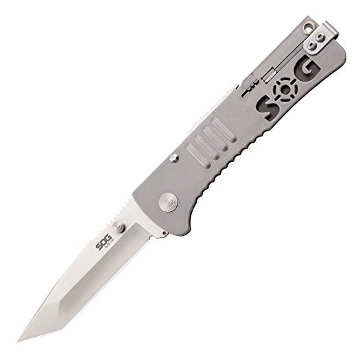 SOG SlimJim Assisted Folding Knife SJ33-CP - Satin Polished 3.18" AUS-8 Tanto Blade, Stainless Steel Handle, Lockback