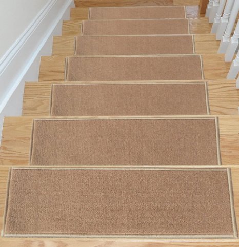 Ottomanson Skid-Resistant Rubber Backing Non-Slip Carpet Stair Treads-Machine Washable Area Rug(Set of 7), 8.5" x 26.5", Dark Beige