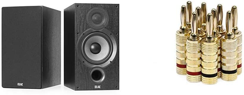 ELAC Debut 2.0 B6.2 Bookshelf Speakers, Black (Pair) & Monoprice Gold Plated Speaker Banana Plugs – 5 Pairs – Closed Screw Type, for Speaker Wire, Home Theater, Wall Plates and More