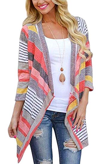 BISHUIGE Women's 3/4 Sleeve Striped Printed Cardigans Open Front Draped Kimono Loose Cardigan Sweaters