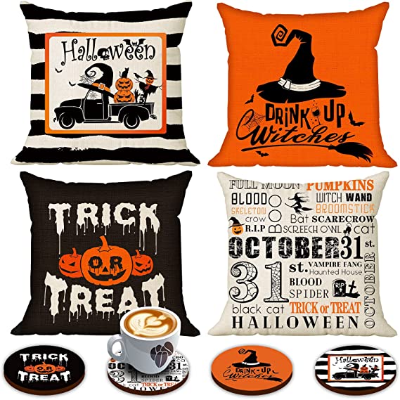 Spooky Halloween Pillow Cover 18 x 18 Set of 4 with 4 Bonus Coasters, Decorative Pillow Covers for Farmhouse Sofa Couch, Festive Pumpkin Witch Scarecrow Truck Cute Halloween Decorations
